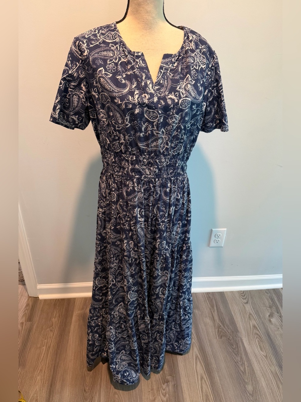 Kate & Sam Blue Paisley Cotton Maxi Dress Smocked Waist Tiered size Large